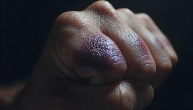 Boxer knuckle bruising on closed fist. Macro photography of hand joint injury with dark dramatic lighting isolated on black background.