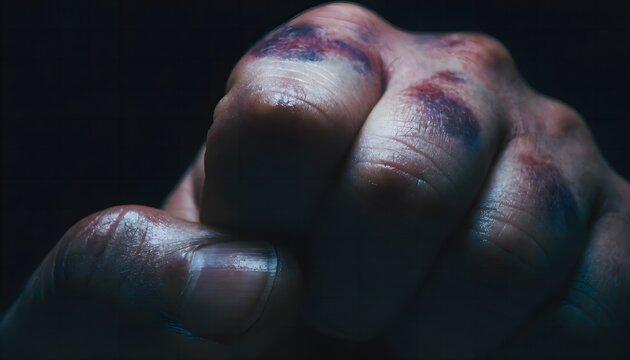 Macro view of painful boxer knuckle bruise and joint contusion on clenched fist. Medical reference on isolated black background.