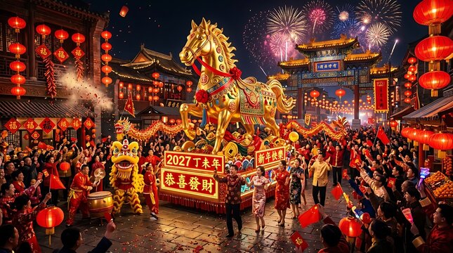 Spectacular chinese new year 2027 festival with massive horse float and night market atmosphere.