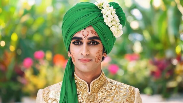 Man in traditional green turban and gold outfit