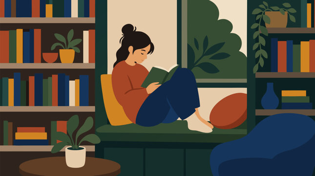 Cozy young reader curled up with an open book in a quiet library window nook, surrounded by shelves, houseplants, pillows, and warm calming colors, peaceful learning vector illustration