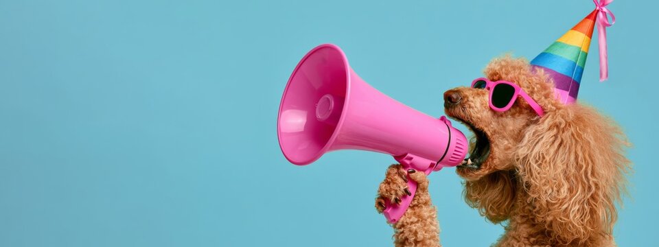 Funny animal celebration photography - Cute poodle dog with megaphone, sunglasses and rainbow flag party hat, isolated on white background