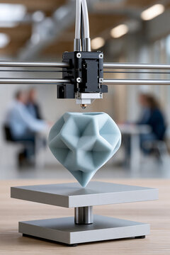 A 3D printer constructing a prototype as investors watch, symbolizing the impact of additive manufacturing on investment opportunities