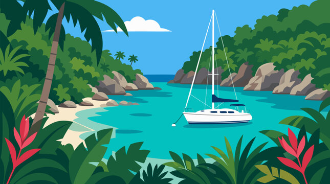 Sailing yacht anchored in a secluded turquoise tropical bay, lush jungle palms and rocky coves framing a serene island lagoon, luxury vacation vector illustration for cruise travel