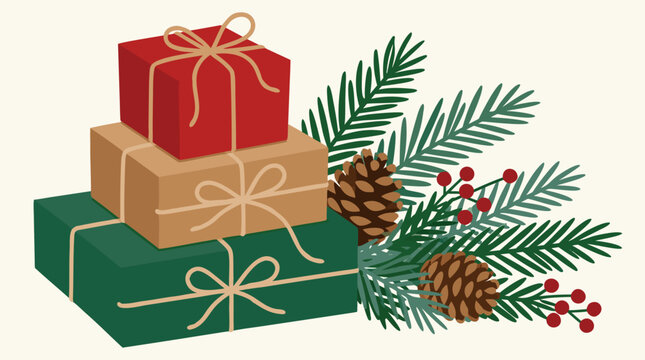 Stack of red, kraft, and green wrapped presents tied with twine beside fragrant evergreen boughs, pinecones, and red berries, Christmas holiday vector illustration for festive cards and gift design