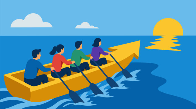 Diverse team rowing a golden boat shaped like an upward arrow toward glowing sunset horizon, dynamic vector concept for teamwork, leadership, shared vision and business growth success