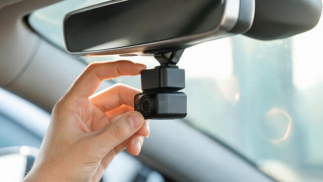 Hand holding dashcam on car mirror