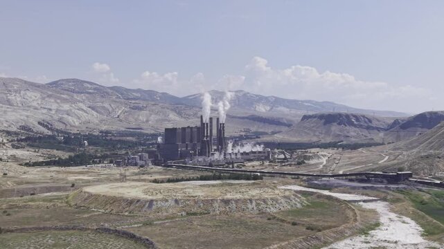 Drone Footage of Cayirhan Thermal Power Plant in Nallihan Ankara Turkey Showing Industrial Energy Infrastructure and Cooling Towers