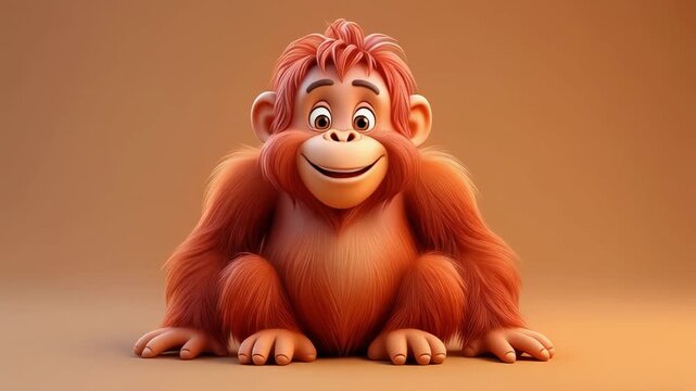 Cute orangutan character sitting and smiling during studio lighting with copy space for text