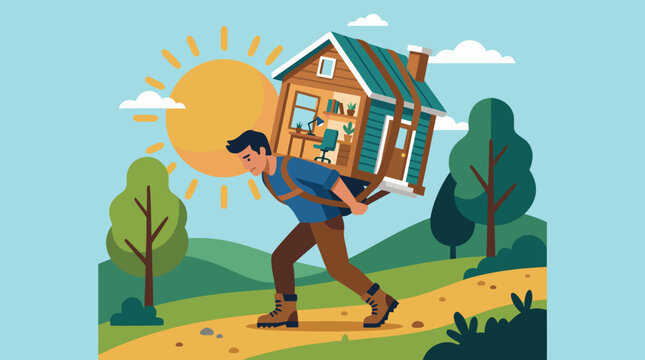 Overworked man carrying a tiny office building on his back, metaphorical vector scene of career pressure, remote work burden, entrepreneurship stress and work life imbalance in sunny landscape