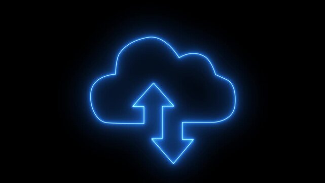 Glowing Neon Cloud Upload and Download Icon Animation, Cloud Computing and Data Transfer Concept