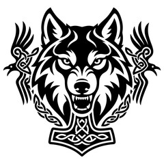 Obraz premium Norse wolf head with raven ornaments vector