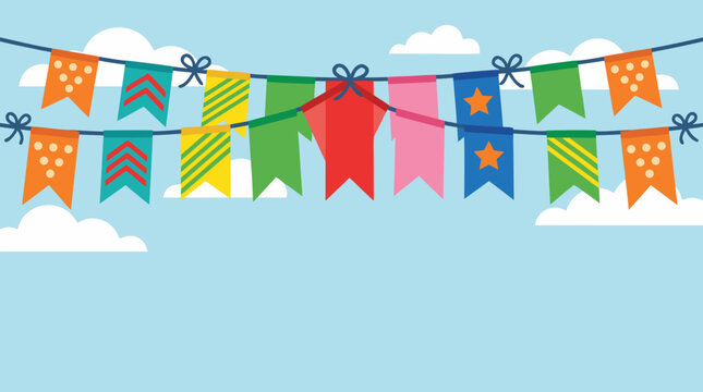 Colorful vector border of festive bunting pennants strung across a soft blue sky, playful party garland with ribbons, bows, clouds, stars and patterned flags for celebration designs