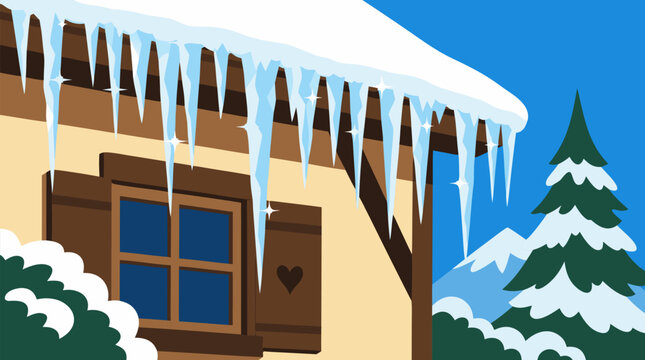 Sparkling icicles hang from snow-covered cottage eaves against a brilliant blue winter sky, with frosted evergreen trees and majestic mountains completing this charming alpine scene in crisp vector