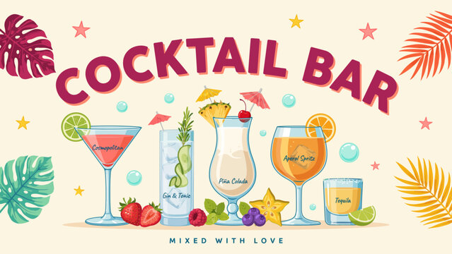 Vibrant vector illustration of cocktail bar signage with tropical leaves and assorted drink depictions beverage menu drinks flat design