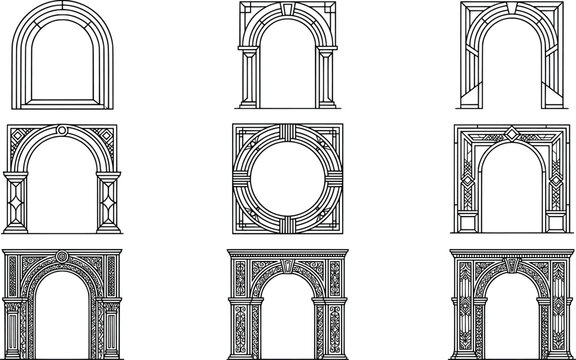 Collection of decorative architectural archway frames and portals transparent background