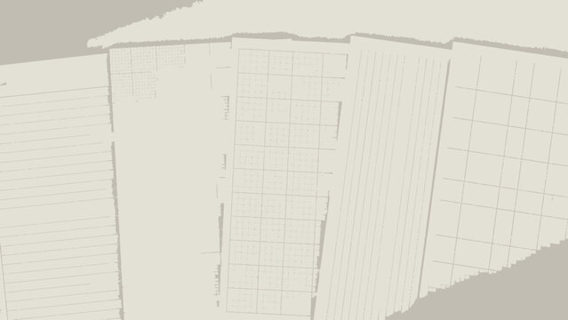 Sheets of patterned paper with varying grid layouts and line styles in a neutral setting graph lined squared writing