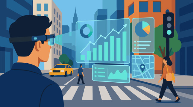Futuristic augmented reality glasses project glowing charts, maps and analytics over a busy city street, vibrant vector concept of smart navigation, urban data, finance and wearable technology