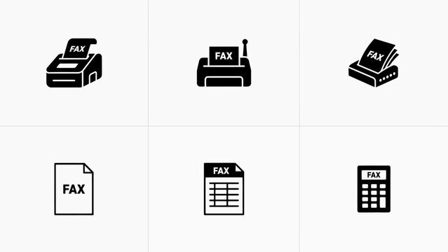 Fax Machine Icons Set Black Silhouette Illustrations On A White Background For Communication Concepts faxing facsimile office equipment document