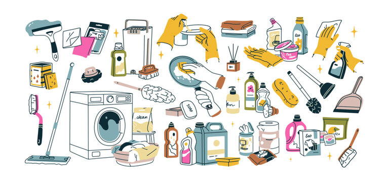 Clean products, household equipment set. Housekeeping supplies for domestic cleanup. Housework tools, cleaning and washing stuff, accessories. Flat vector illustrations isolated on white background