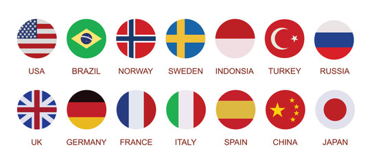 international round flag icons set vector, usa brazil norway sweden indonesia turkey russia uk germany france italy spain china and japan  © Art Stor Pro