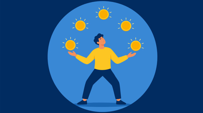 Confident man juggling glowing gold coins in circular motion, flat vector concept of money management, financial skill, investment confidence, savings, wealth growth and budgeting success