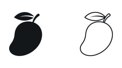 Simple black and white mango icons with leaves on transparent background © Md
