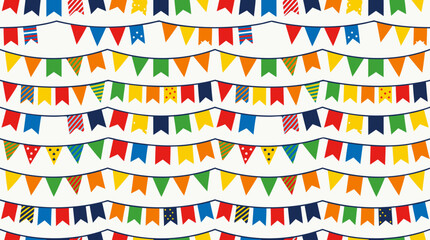 Obraz premium Seamless rows of colorful party bunting flags with playful stripes, dots and bright festival colors on a light textured background, cheerful vector pattern for birthdays and festive decor