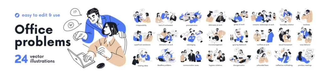 Office problems concept set. Employees gossip, harassment, dishonesty, sabotage and procrastination. Workplace conflicts and bad work behavior. Flat vector illustrations isolated on white background © Good Studio
