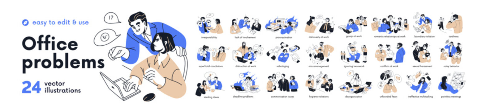 Office problems concept set. Employees gossip, harassment, dishonesty, sabotage and procrastination. Workplace conflicts and bad work behavior. Flat vector illustrations isolated on white background
