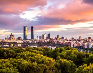 Fototapeta premium A vibrant sunset casts golden light over a bustling cityscape, its high-rise structures contrasting with a green, forested foreground