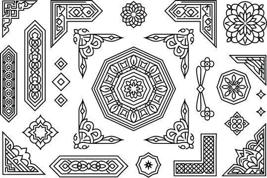 Decorative geometric ornament collection with floral mandala borders and vintage ethnic line art illustration set