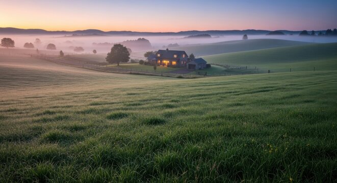 A serene farmhouse stands amidst a lush green field at sunrise with fog rolling in.