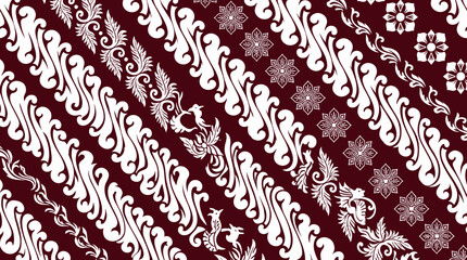 Traditional Indonesian Batik pattern with intricate floral and phoenix motifs in deep maroon and white. © Ira Project