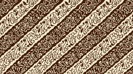 Traditional Indonesian Batik pattern with intricate floral and vine motifs in brown and cream colors. © Ira Project