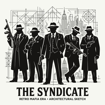 Retro Mafia Syndicate Gangsters with Guns and City Blueprint Background