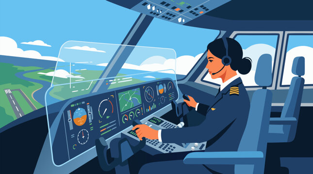 Professional airline pilot reviews real time flight data on transparent cockpit dashboard, runway and coastline ahead, advanced avionics navigation and aviation technology vector illustration