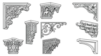 Ornate Architectural Brackets, Decorative Corbels, Victorian Style Supports, Classical Column Capitals, Intricate Engravings, Vector Elements for Building Facades and Interior Design © Sidra