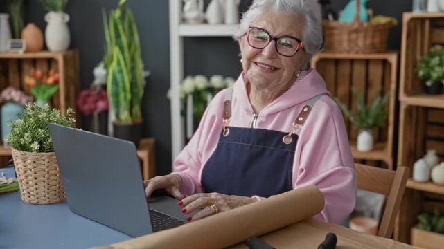 Woman florist typing on laptop with hands on keyboard in studio among shelves of flowers and plants; serenity craft.