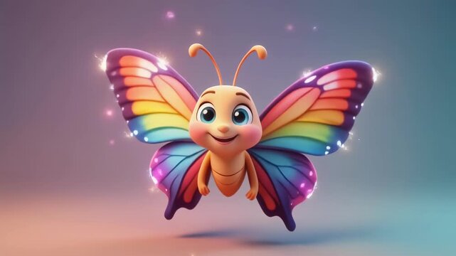 Joyful rainbow butterfly character animated with gentle wing flaps during a soft light studio setting
