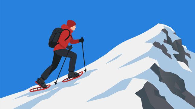 Determined snowshoe runner climbing steep alpine ridge under clear blue sky, red winter gear, trekking poles and backpack facing jagged snowy peak, endurance adventure fitness vector illustration
