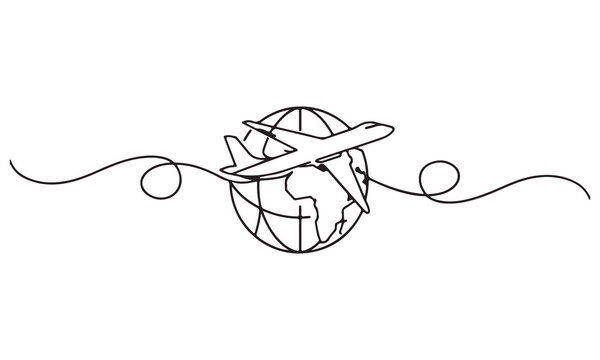 Black line airplane flying around globe with swirling lines earth travel flight