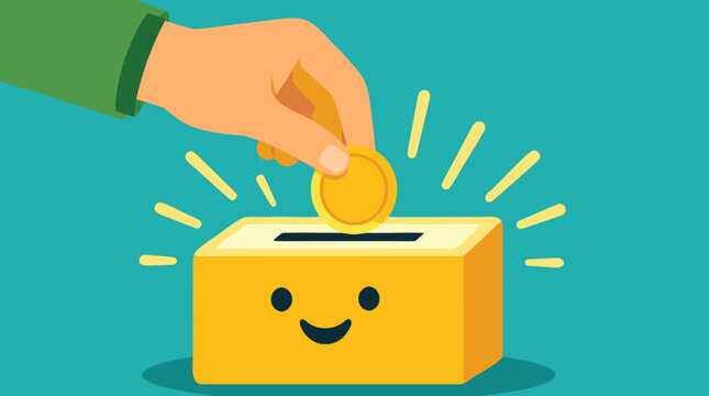 Friendly hand drops a golden coin into a smiling savings box with radiant light, cheerful vector illustration for investing, donations, budgeting, financial growth, and positive money habits