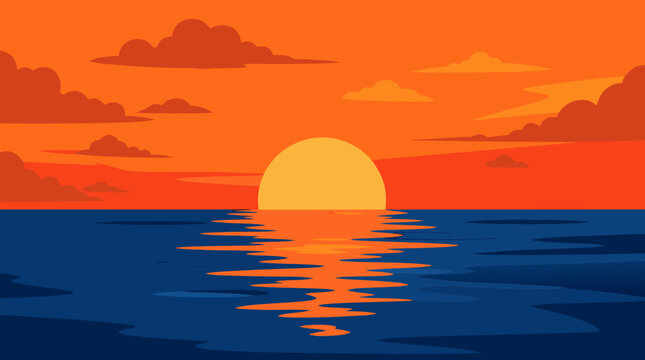 Glowing orange sunset over calm ocean horizon vector illustration, with golden sun reflection, deep blue waves and scattered clouds creating serene tropical evening seascape background