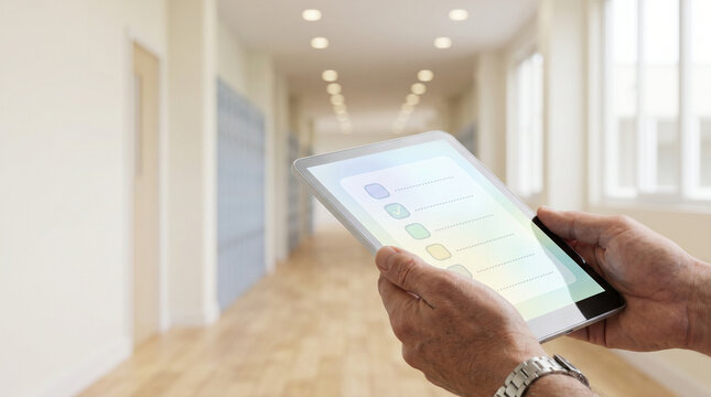Hand using digital tablet for school infrastructure, education, renovation, classroom upgrade, school maintenance, back to school facilities, facility management, cleaning, safety, accessible, classro