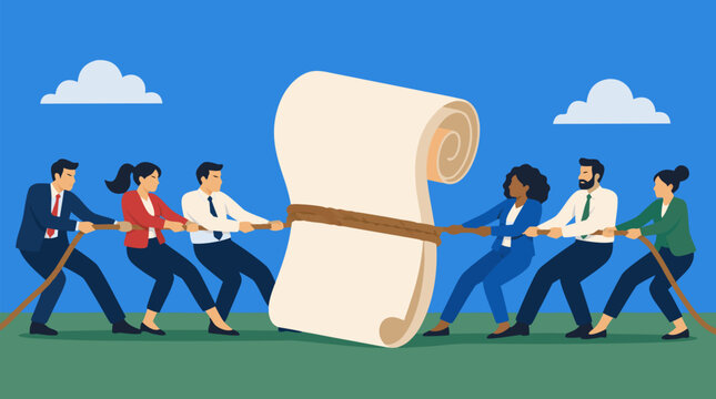 Dynamic vector illustration of rival business teams playing tug of war over a giant rolled contract scroll, symbolizing negotiation, workplace conflict, legal deals, and competitive strategy