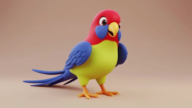 Stop motion animation of a joyful colorful parrot standing on a plain surface during soft studio lighting