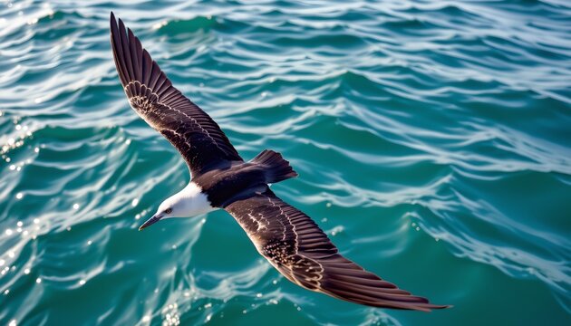 The image features a seabird soaring above the ocean, with its wings fully extended showcasing intricate feather patterns