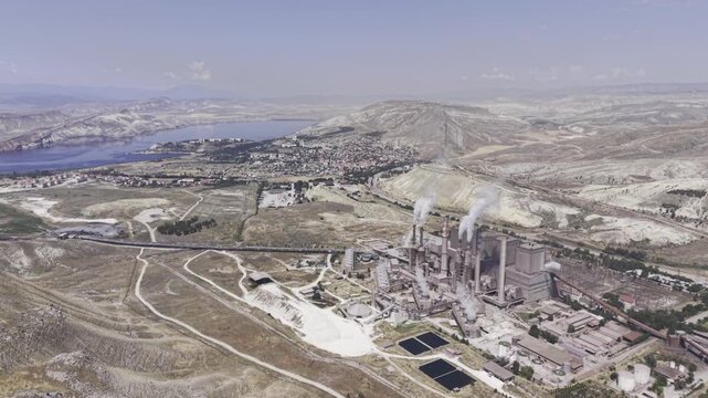 Drone Footage of Cayirhan Thermal Power Plant in Nallihan Ankara Turkey Showing Industrial Energy Infrastructure and Cooling Towers