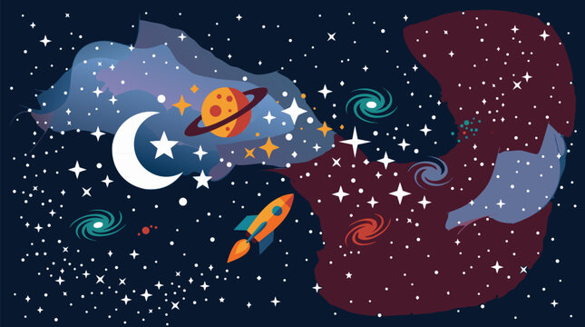 Whimsical cosmic starfield vector background with glowing red and blue nebula washes, crescent moon, planets, rocket, galaxies and sparkling constellations for dreamy space posters